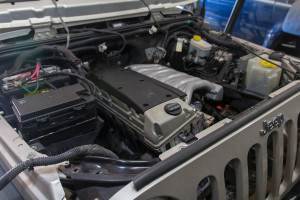 Mercedes OM606 sitting in the JK engine bay for a test fit