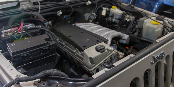 Mercedes OM606 sitting in the JK engine bay for a test fit