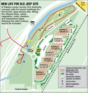 The original site plan for the Overland Industrial Park where the Dana facility will be, showing potential off-road obstacles. Courtesy: Toledo-Lucas County Port Authority